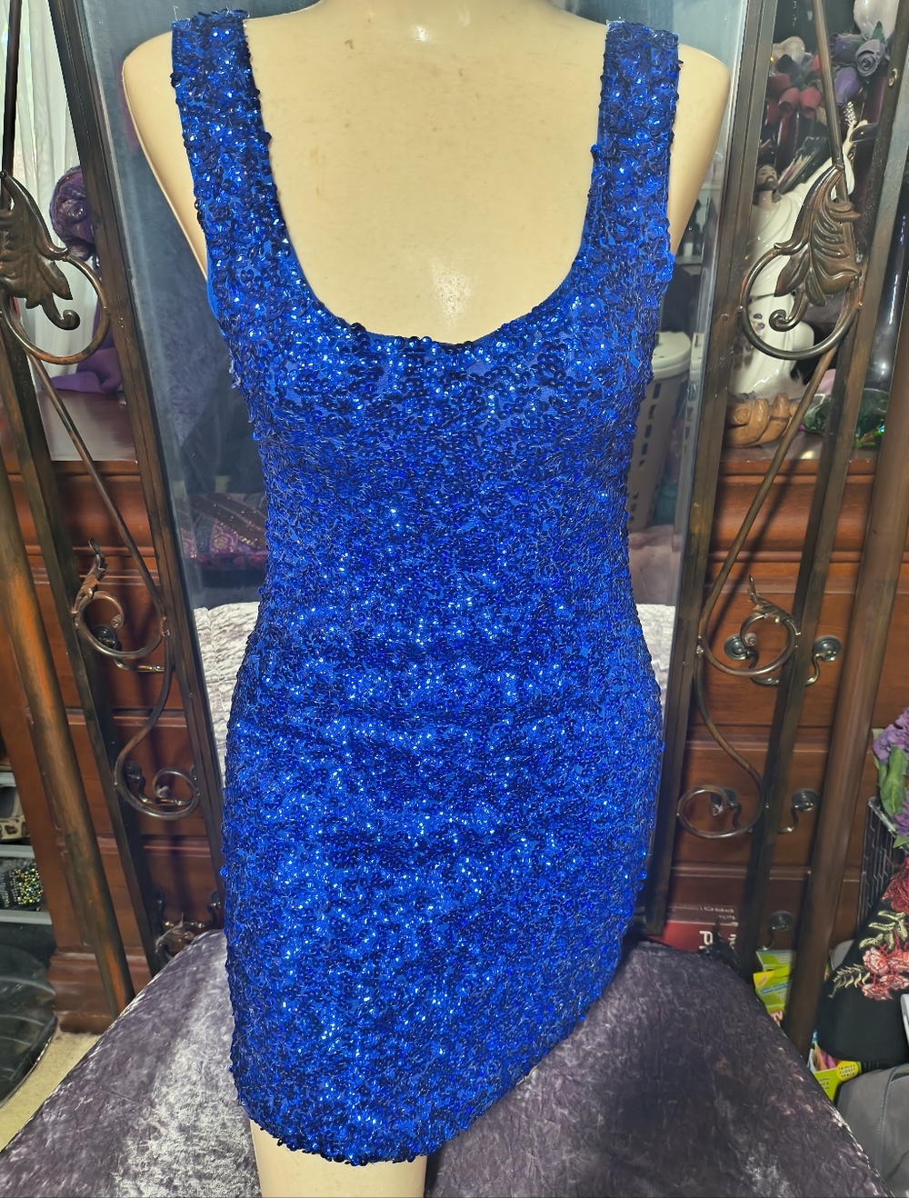 Royal Blue Sequin Scoop Neck Mini Dress - Women